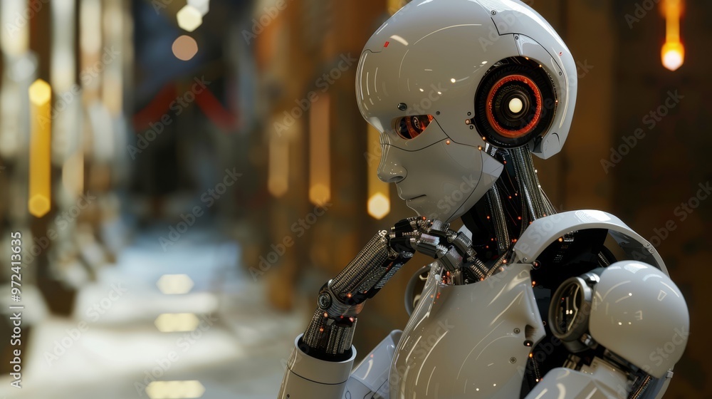 A futuristic humanoid robot with a sleek design, deep in thought, showcasing artificial intelligence A futuristic humanoid robot with a sleek design, deep in thought, showcasing artificial intelligence