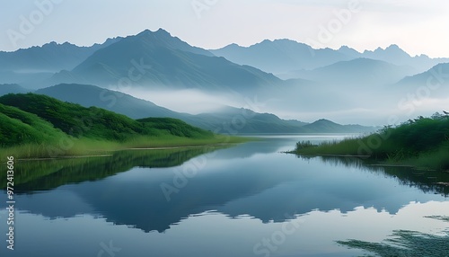 Mountains blend with quiet lakes, with ethereal mist, showing the tranquility and elegance of nature, surrounded by green vegetation, setting off the vast sky.