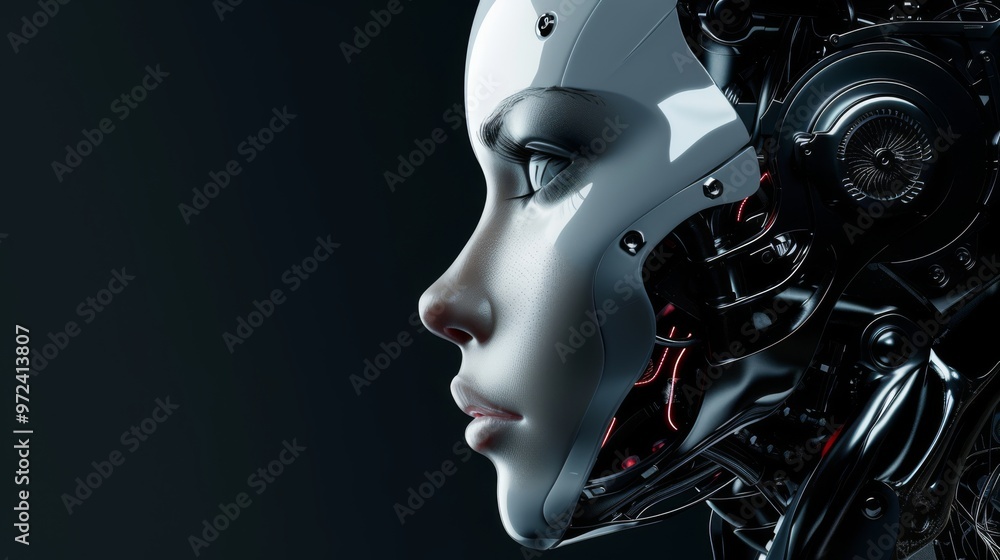 A close-up profile of a humanoid robot with a sleek, futuristic design, highlighting its intricate mechanical components and human-like facial features A close-up profile of a humanoid robot with a sleek, futuristic design, highlighting its intricate mechanical components and human-like facial features