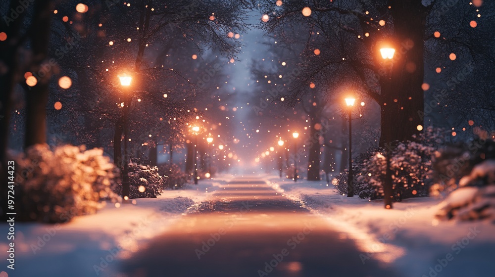 Evening walk along a snowy street, with glowing streetlights and softly falling snow creating a serene winter scene. 4K hyperrealistic photo. Evening walk along a snowy street, with glowing streetlights and softly falling snow creating a serene winter scene. 4K hyperrealistic photo.