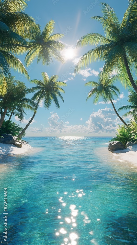 Fototapeta premium A serene tropical landscape featuring clear turquoise water, sandy shores, and lush palm trees under a bright blue sky with fluffy clouds