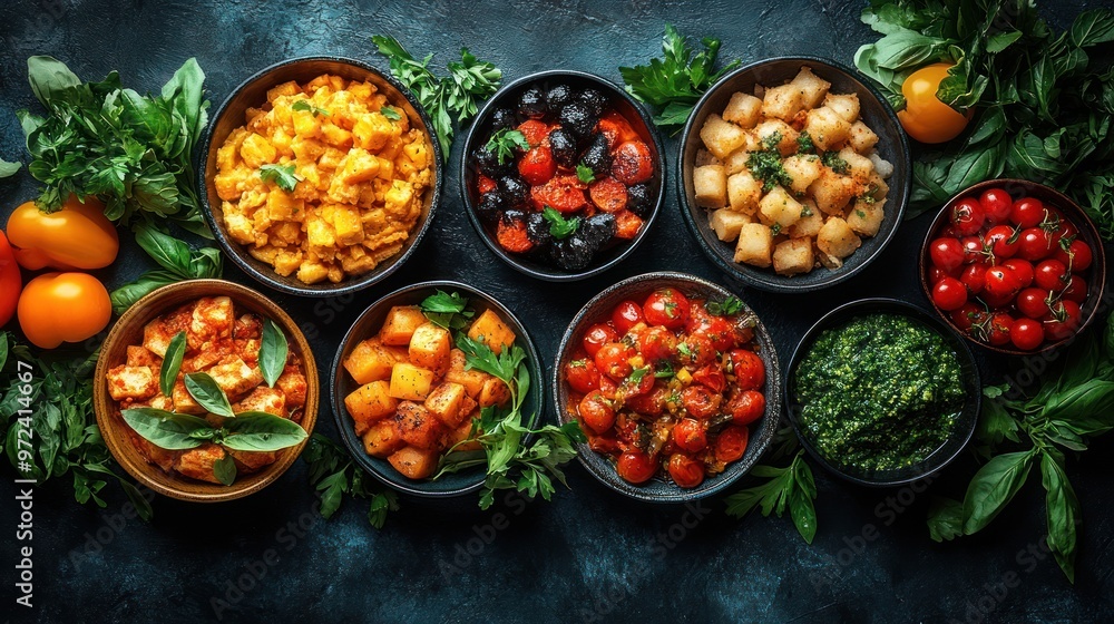 A vibrant display of assorted dishes in bowls on a dark surface. A vibrant display of assorted dishes in bowls on a dark surface.