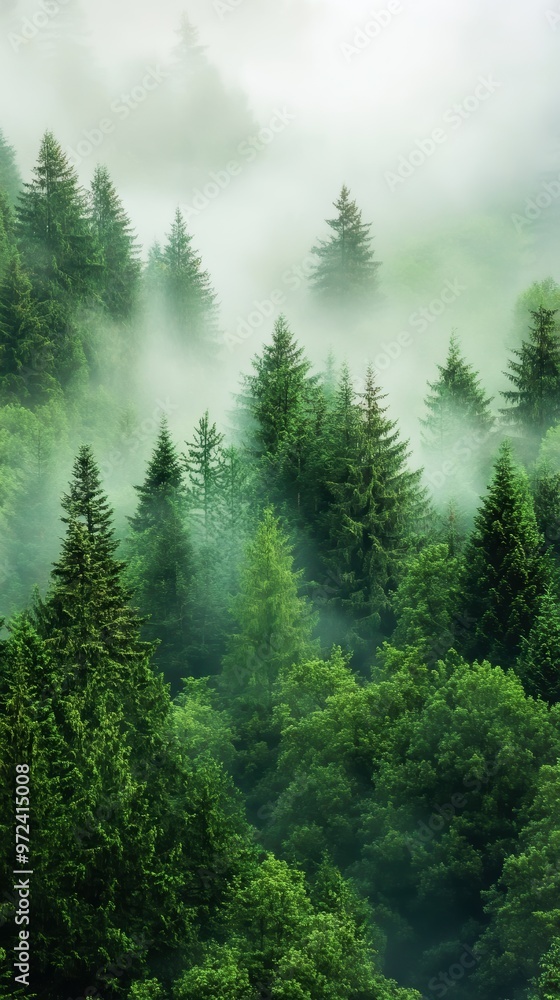A lush forest shrouded in mist, showcasing a vibrant variety of green trees, creating a tranquil and serene atmosphere A lush forest shrouded in mist, showcasing a vibrant variety of green trees, creating a tranquil and serene atmosphere