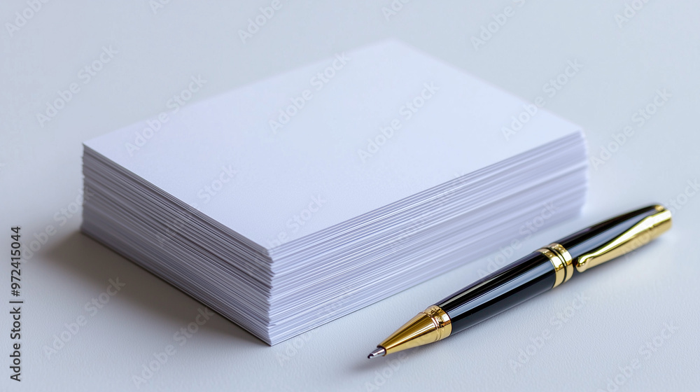 A stack of business cards and a stylish pen, representing networking and professional identity, isolated on a white background A stack of business cards and a stylish pen, representing networking and professional identity, isolated on a white background