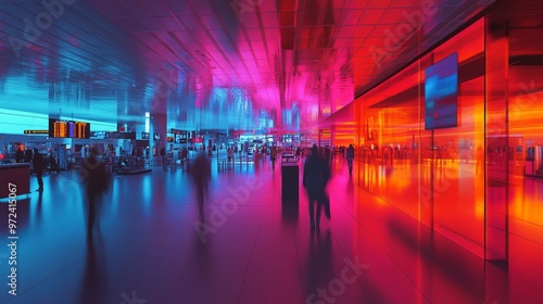 Heatmap of an airport terminal, with intense reds and oranges marking high-traffic zones and cooler blues in less busy areas. 4K hyperrealistic photo. photo