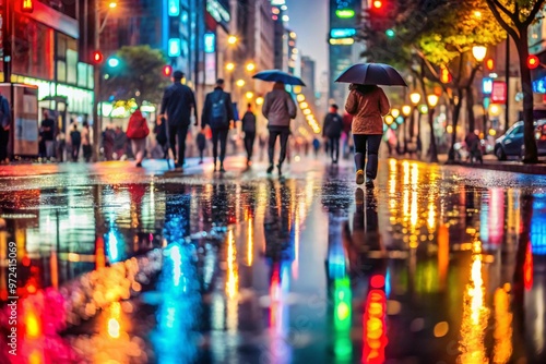 A reflection of city lights on wet pavement after a rainstorm, with people walking by. 