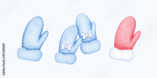 Cute and Artistic Watercolor blue and red Glove Illustration for Creative Winter Decor and Fashion Art