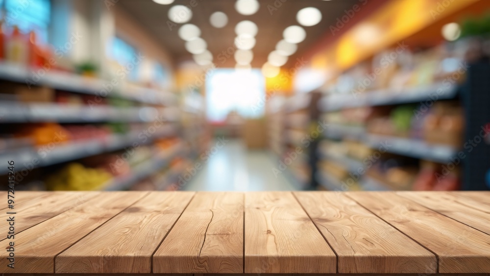 Wooden Tabletop in Front of Blurred Supermarket Aisle - Retail Store Shelf Background with blur background Wooden Tabletop in Front of Blurred Supermarket Aisle - Retail Store Shelf Background with blur background