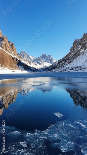 A serene mountain landscape reflecting in a frozen lake, featuring snow-capped peaks and clear blue skies