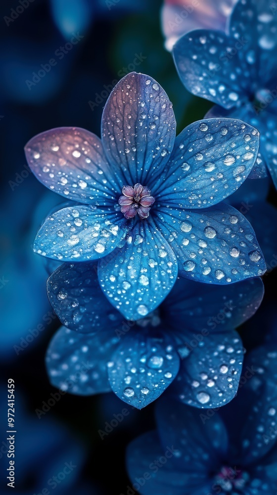 A close-up of a blue flower adorned with water droplets, showcasing its delicate petals and soft hues, set against a blurred background A close-up of a blue flower adorned with water droplets, showcasing its delicate petals and soft hues, set against a blurred background
