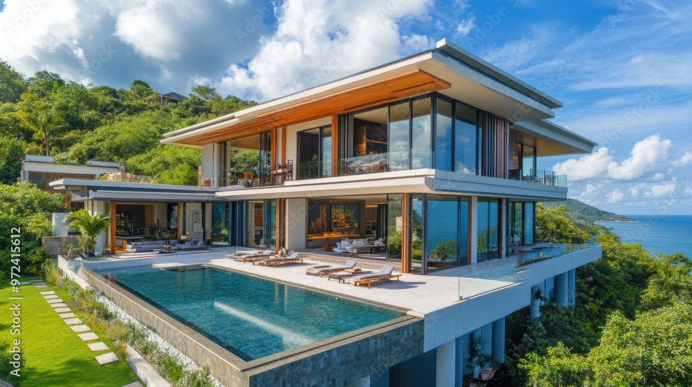 Fototapeta premium Luxurious villa with contemporary design, positioned on a hillside with expansive ocean
