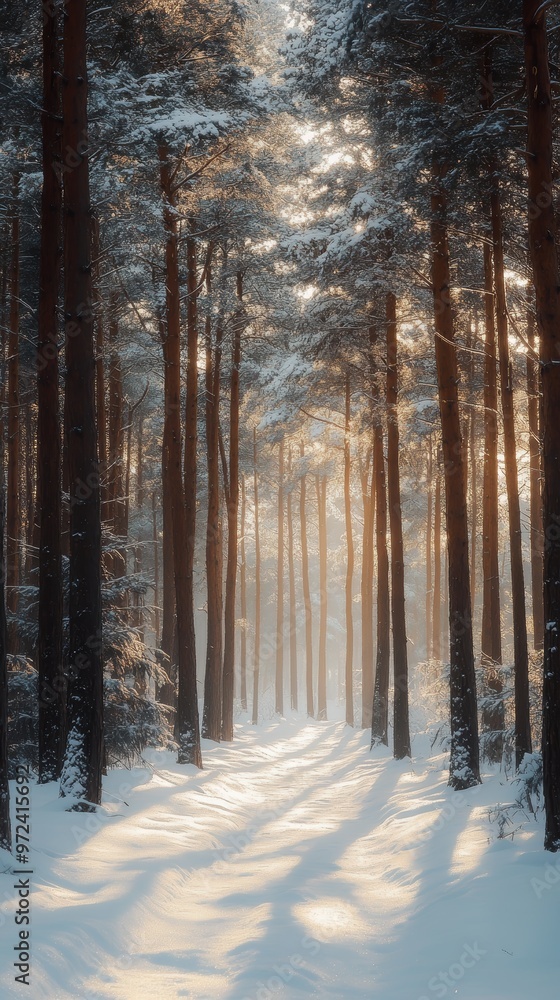 A serene winter forest landscape with tall trees, gently falling snow, and soft sunlight streaming through, creating a tranquil, picturesque scene A serene winter forest landscape with tall trees, gently falling snow, and soft sunlight streaming through, creating a tranquil, picturesque scene