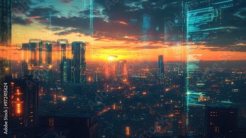 Wallpaper Mural A futuristic cityscape at sunset with digital overlays of data and code. Torontodigital.ca