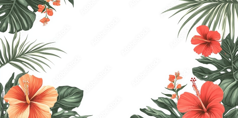 Tropical floral border with leaves and flowers, vector illustration isolated on a white background. Tropical floral border with leaves and flowers, vector illustration isolated on a white background.