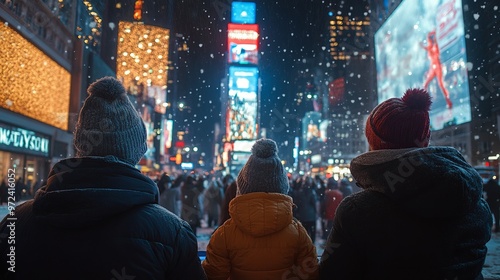 Family gathered around the TV watching the New Yearâ€™s Eve ball drop in Times Square, with excitement and anticipation in the air. 4K hyperrealistic photo.