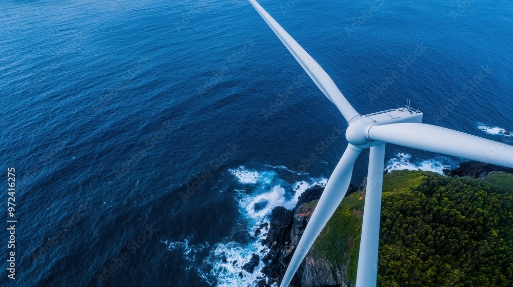 Fototapeta premium Aerial view of a large wind turbine by the ocean, showcasing renewable energy.