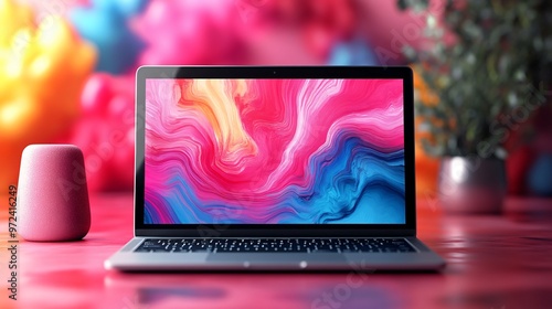 Laptop screen displaying a creative design, surrounded by colorful abstract shapes, digital creativity, business and technology photo