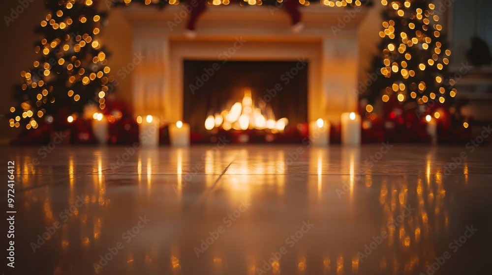 Christmas home room with tree and fireplace and festive bokeh lighting, blurred holiday background. Cosy home Xmas banner concept with bonfire. With copy space for text Christmas home room with tree and fireplace and festive bokeh lighting, blurred holiday background. Cosy home Xmas banner concept with bonfire. With copy space for text