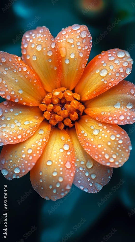 A vibrant orange flower adorned with water droplets, showcasing its delicate petals and intricate center against a lush green background A vibrant orange flower adorned with water droplets, showcasing its delicate petals and intricate center against a lush green background