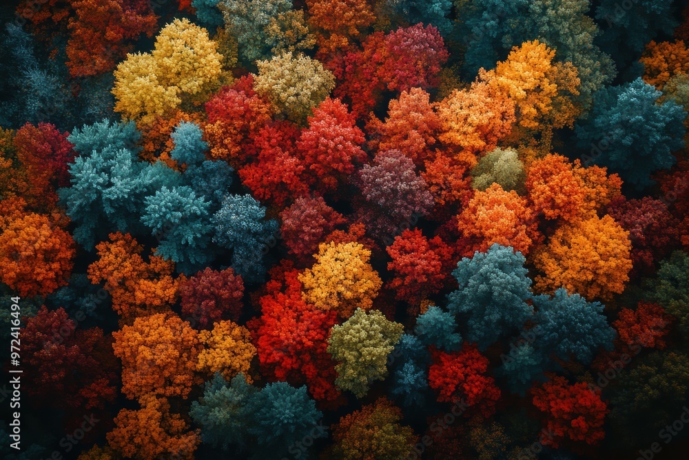 Fototapeta premium A vibrant aerial view of a dense forest showcasing a stunning array of autumn colors, including reds, oranges, yellows, and greens