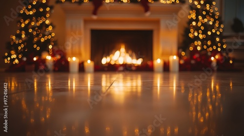 Christmas home room with tree and fireplace and festive bokeh lighting, blurred holiday background. Cosy home Xmas banner concept with bonfire. With copy space for text