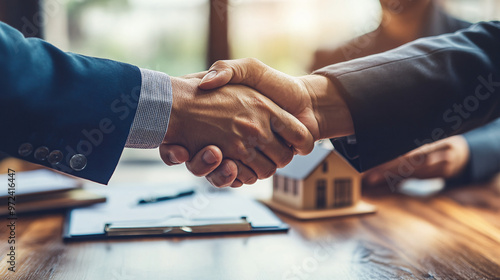 Real estate agents closing a deal with a handshake over a desk with a model house and contract