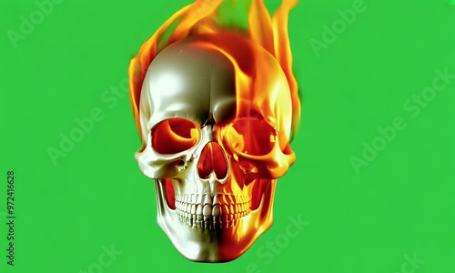 a skull engulfed in flames blazes on a green background, ideal for horror effects in creative video projects photo