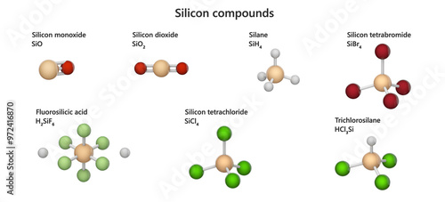 Set of various Silicon (Si) compounds: oxide, dioxide, trioxide, silane, tetrabromide, fluorosilicic acid, tetrachloride, trichlorosilane. 3d illustration. Isolated on white background. photo