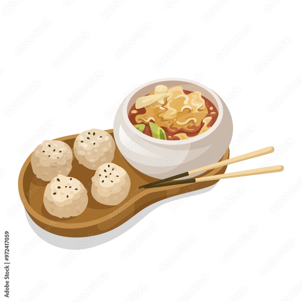 Asian cuisine featuring a bowl of soup and four dumplings on a wooden tray, with chopsticks on a white background. Vector illustration Asian cuisine featuring a bowl of soup and four dumplings on a wooden tray, with chopsticks on a white background. Vector illustration