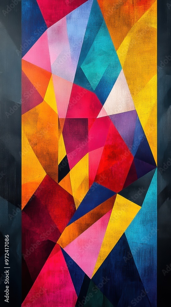 Fototapeta premium A vibrant abstract artwork featuring a dynamic arrangement of colorful geometric shapes in a striking vertical composition