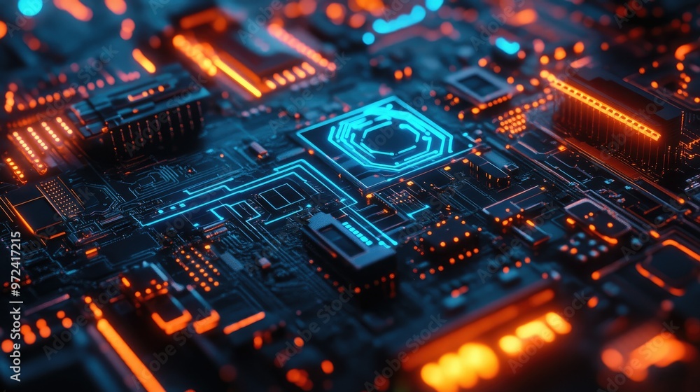 Abstract glowing circuit board with a central processor. Abstract glowing circuit board with a central processor.