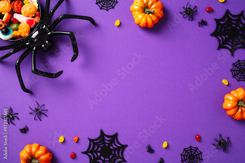 Happy Halloween concept. Frame of pumpkins, spider with candies, spiders web, decorations on purple background. photo