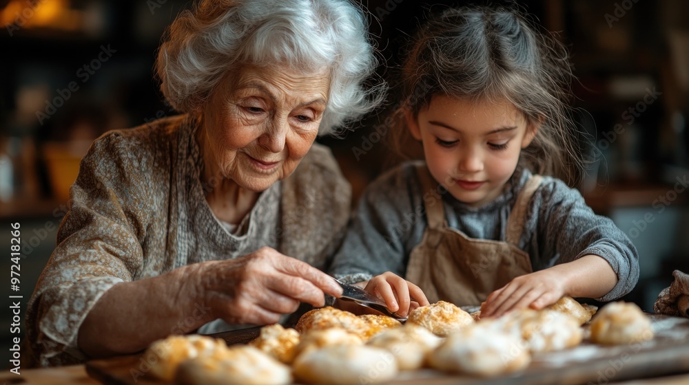 Elderly woman and child baking together, sharing a joyful moment. Elderly woman and child baking together, sharing a joyful moment.