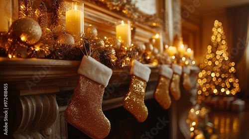 Christmas fireplace mantel decorated with gold garlands, shimmering golden candles, and golden stockings, all glowing warmly in the firelight. 4K hyperrealistic photo.