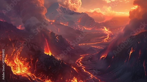 Fantasy Art Depicting Lava Rivers Flowing Through Mountain Range.