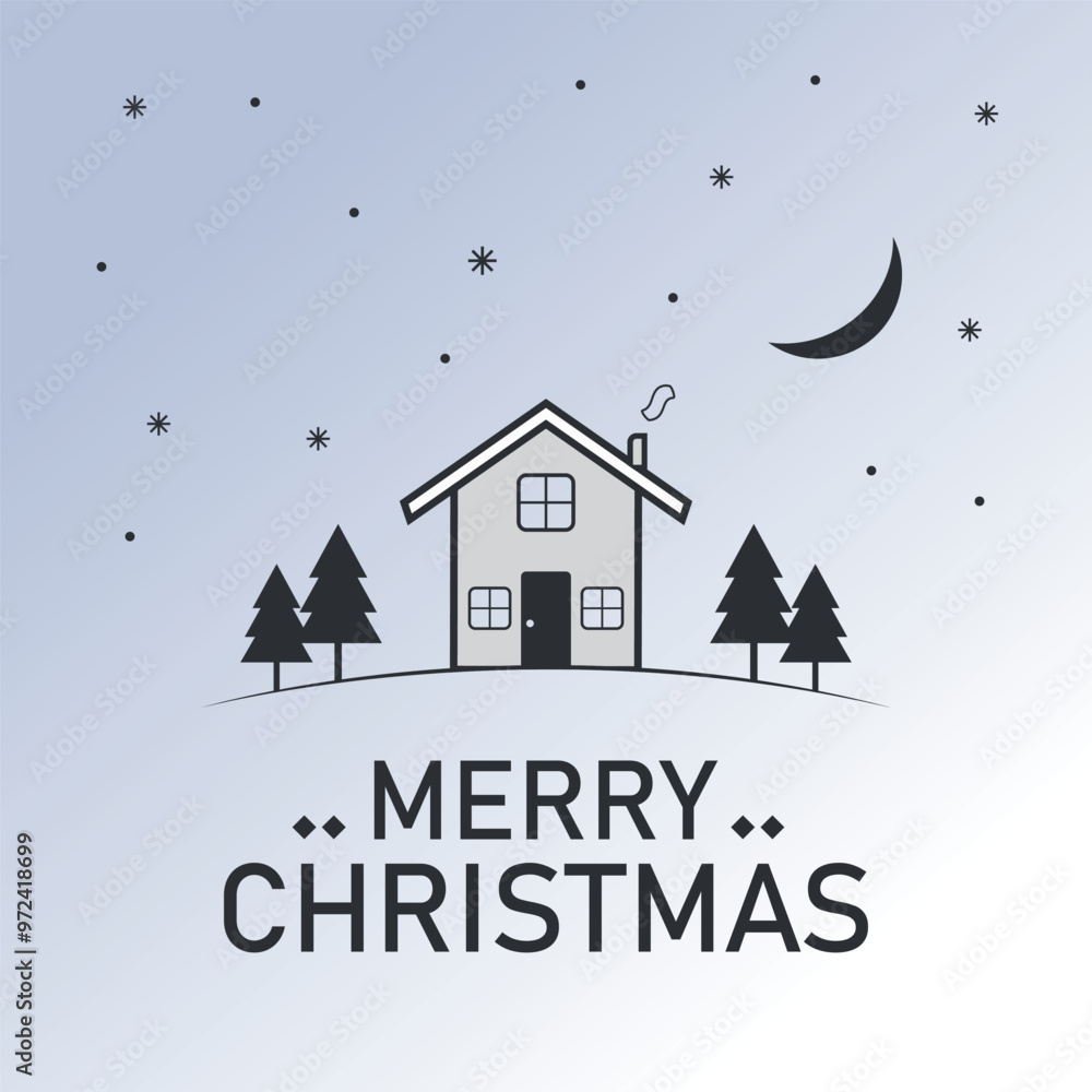 Fototapeta premium Minimalist Christmas Night Scene with House, Trees, Moon and Snowflakes.