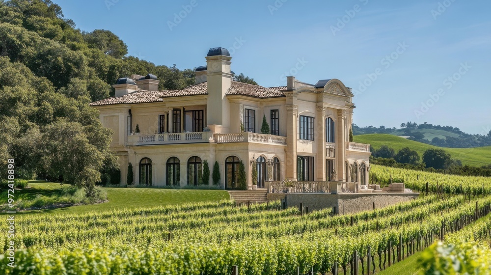 Majestic mansion with classic design, set against the backdrop of rolling hills and Majestic mansion with classic design, set against the backdrop of rolling hills and