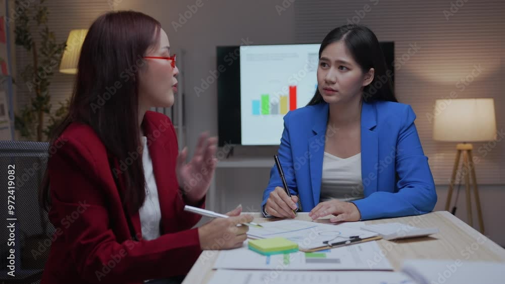 Two asian businesswomen engaging in a work discussion showcase a collaborative and professional atmosphere, with one explaining concepts to her colleague Two asian businesswomen engaging in a work discussion showcase a collaborative and professional atmosphere, with one explaining concepts to her colleague