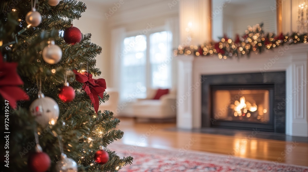 Christmas home room with tree and fireplace and festive bokeh lighting, blurred holiday background. Cosy home Xmas banner concept with bonfire. With copy space for text Christmas home room with tree and fireplace and festive bokeh lighting, blurred holiday background. Cosy home Xmas banner concept with bonfire. With copy space for text