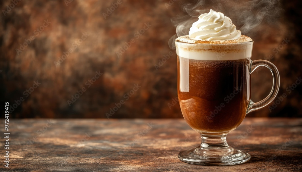 Steaming Coffee Drink with Whipped Cream in a Glass Mug Steaming Coffee Drink with Whipped Cream in a Glass Mug