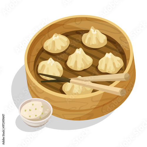 Steamed dumplings inside a bamboo basket with chopsticks and a dipping sauce on a white background. Concept of Asian cuisine. Vector illustration