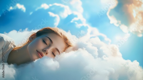 Tranquil Woman Sleeping on a Cloud in Bright Blue Sky with Soft Sunlight - Peaceful Dreamy Scene of Serene Relaxation