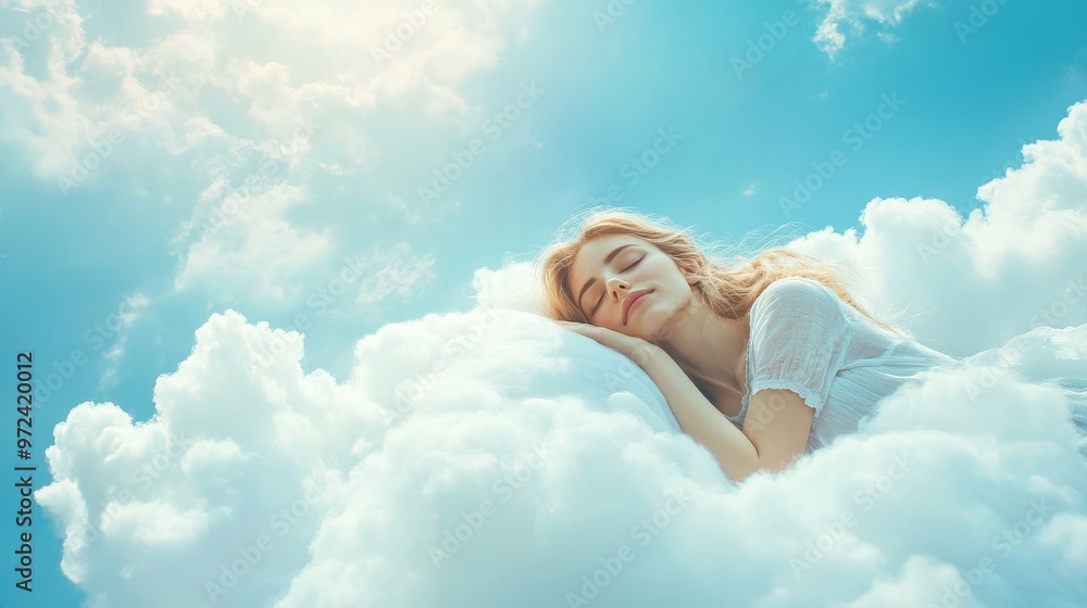 Dreamy Serenity - Woman peacefully sleeping on a cloud in a bright blue sky under soft sunlight. Dreamy Serenity - Woman peacefully sleeping on a cloud in a bright blue sky under soft sunlight.