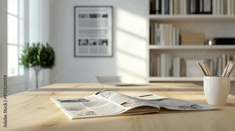 Fototapeta premium Minimalist light wood desk, white bookcase in the background, newspaper with cartoon