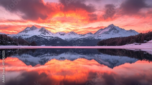 Dramatic sunrise over a snow-covered mountain range reflected in a calm lake.