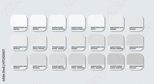 Daikon Radish Color Palette, Daikon Radish Color Guide Palette with Color Names. Catalog Samples of white colors with RGB HEX codes. paint, natural white colour, Fashion Trend Daikon Radish Colors