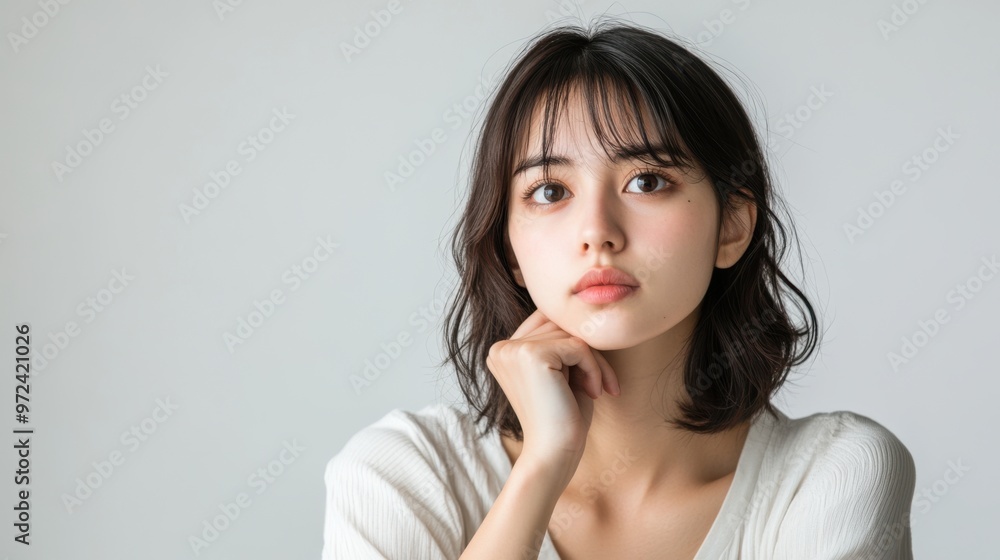 Minimalist shot of a Japanese female model in a thinking pose, white background with space Minimalist shot of a Japanese female model in a thinking pose, white background with space
