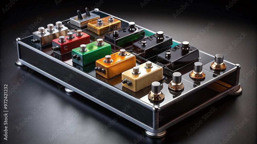 A neatly organized transparent acrylic display case showcases a collection of guitar pedals, each one highlighting its A neatly organized transparent acrylic display case showcases a collection of guitar pedals, each one highlighting its