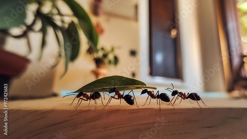 ants carrying a leaf