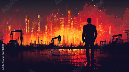 Silhouette of a man in a suit standing in front of a burning cityscape with oil derricks in the foreground. photo